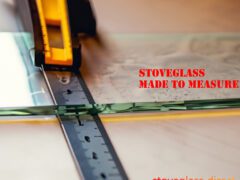 A photo of someone cutting a glass with a ruler with lettering "Stoveglass made to measure"